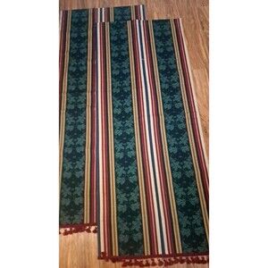Jacobean Striped Curtain Panels Set Green Red Gold Tassels Elegant 66x54